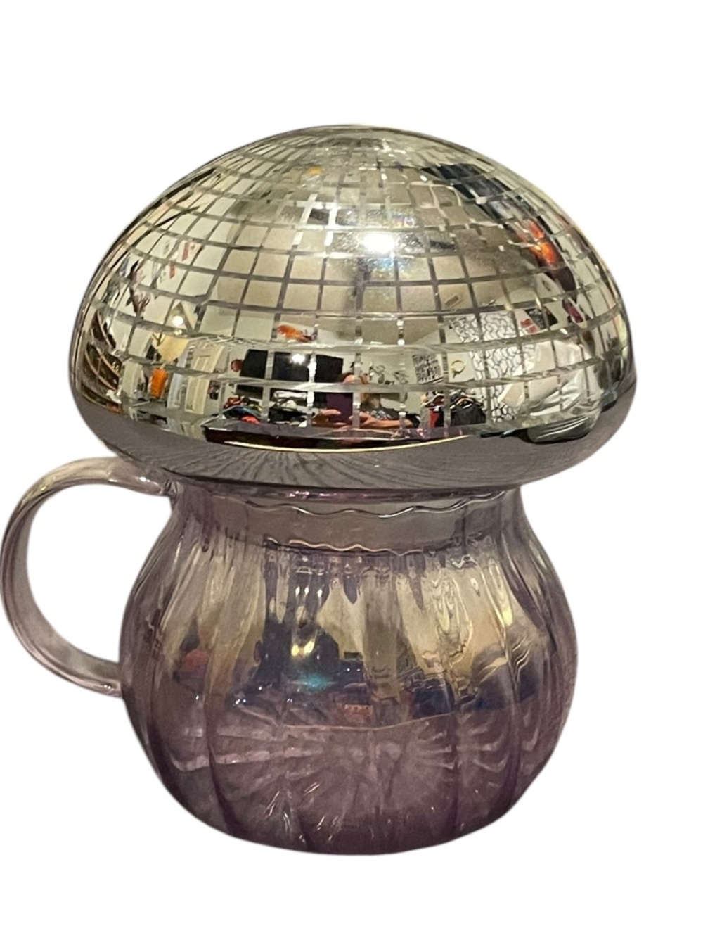 Mushroom GLASS MUG & Lid 10 Oz Disc Ball Glass Lavender